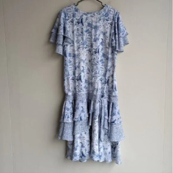 Cami boho blue floral ruffle layered short sleeve midi dress - Picture 1 of 7